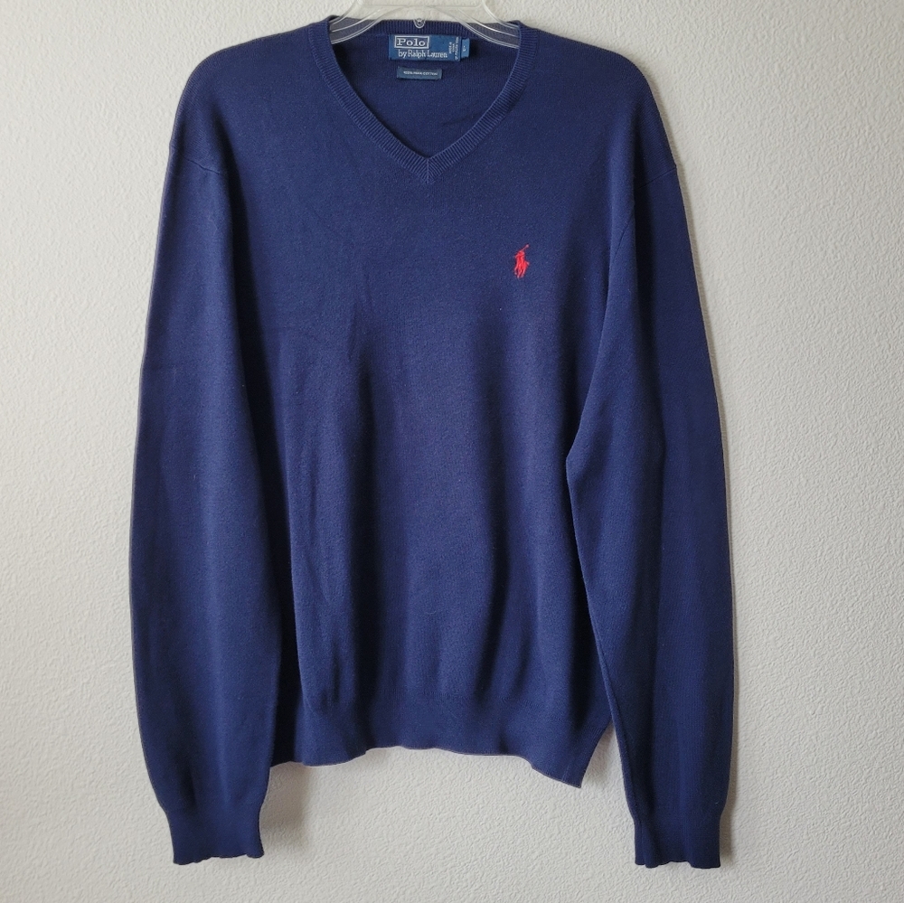 Polo Ralph Lauren Navy V Neck Sweater 100% Pima Cotton Long Sleeve